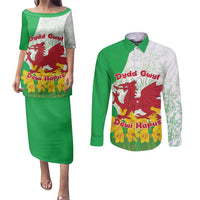 Saint David’s Day Welsh Dragon Couples Matching Puletasi and Long Sleeve Button Shirt Dydd Gwyl Dewi Hapus - Wonder Print Shop