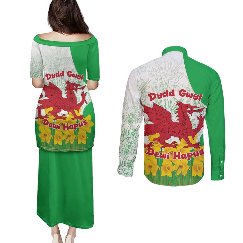 Saint David’s Day Welsh Dragon Couples Matching Puletasi and Long Sleeve Button Shirt Dydd Gwyl Dewi Hapus - Wonder Print Shop
