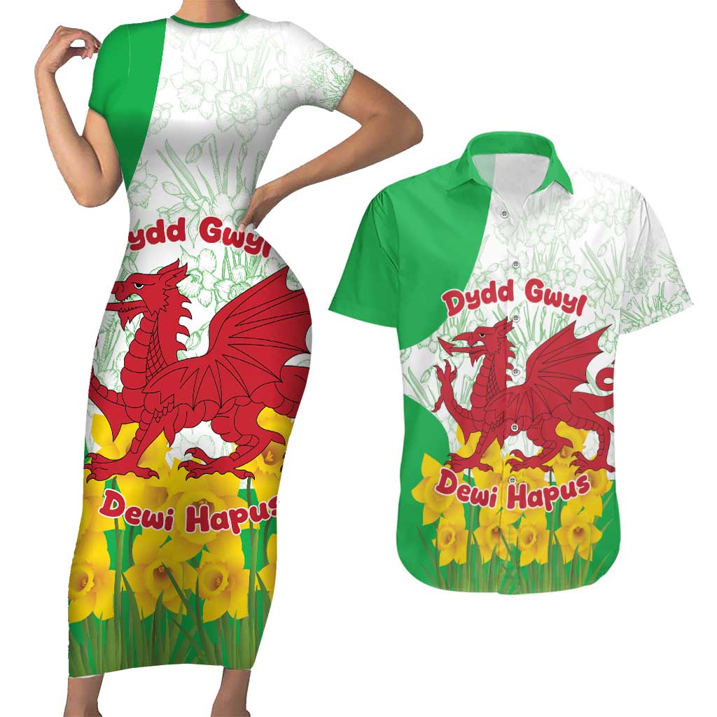 Saint David’s Day Welsh Dragon Couples Matching Short Sleeve Bodycon Dress and Hawaiian Shirt Dydd Gwyl Dewi Hapus - Wonder Print Shop