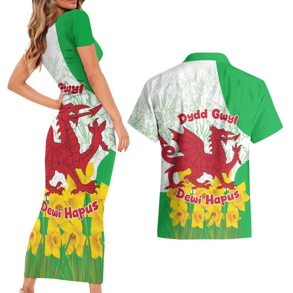 Saint David’s Day Welsh Dragon Couples Matching Short Sleeve Bodycon Dress and Hawaiian Shirt Dydd Gwyl Dewi Hapus - Wonder Print Shop