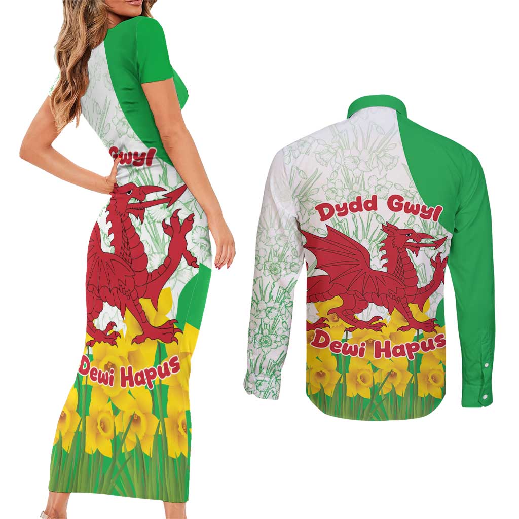 Saint David’s Day Welsh Dragon Couples Matching Short Sleeve Bodycon Dress and Long Sleeve Button Shirt Dydd Gwyl Dewi Hapus - Wonder Print Shop