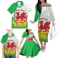 Saint David’s Day Welsh Dragon Family Matching Off The Shoulder Long Sleeve Dress and Hawaiian Shirt Dydd Gwyl Dewi Hapus - Wonder Print Shop