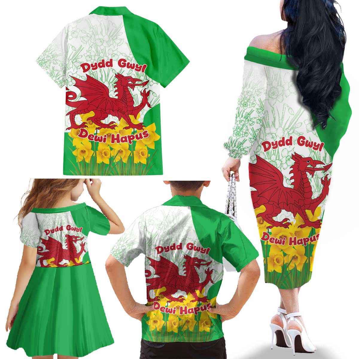 Saint David’s Day Welsh Dragon Family Matching Off The Shoulder Long Sleeve Dress and Hawaiian Shirt Dydd Gwyl Dewi Hapus - Wonder Print Shop
