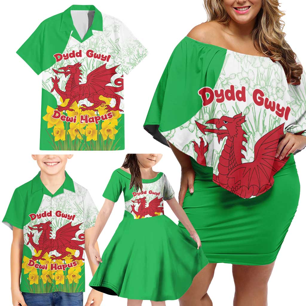 Saint David’s Day Welsh Dragon Family Matching Off Shoulder Short Dress and Hawaiian Shirt Dydd Gwyl Dewi Hapus - Wonder Print Shop