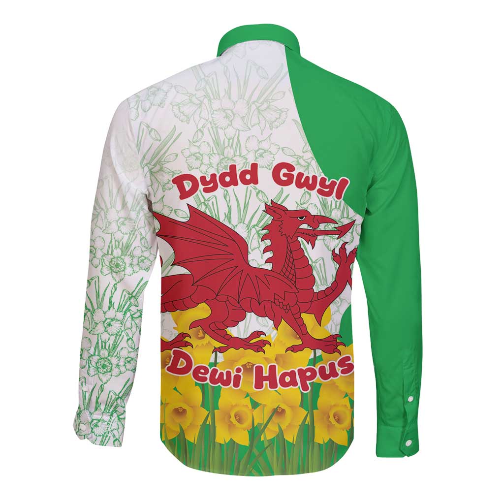 Saint David’s Day Welsh Dragon Long Sleeve Button Shirt Dydd Gwyl Dewi Hapus - Wonder Print Shop