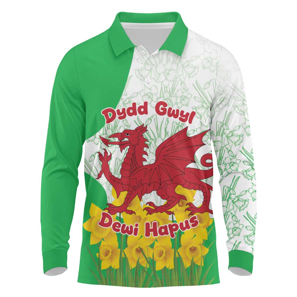 Saint David’s Day Welsh Dragon Long Sleeve Polo Shirt Dydd Gwyl Dewi Hapus - Wonder Print Shop