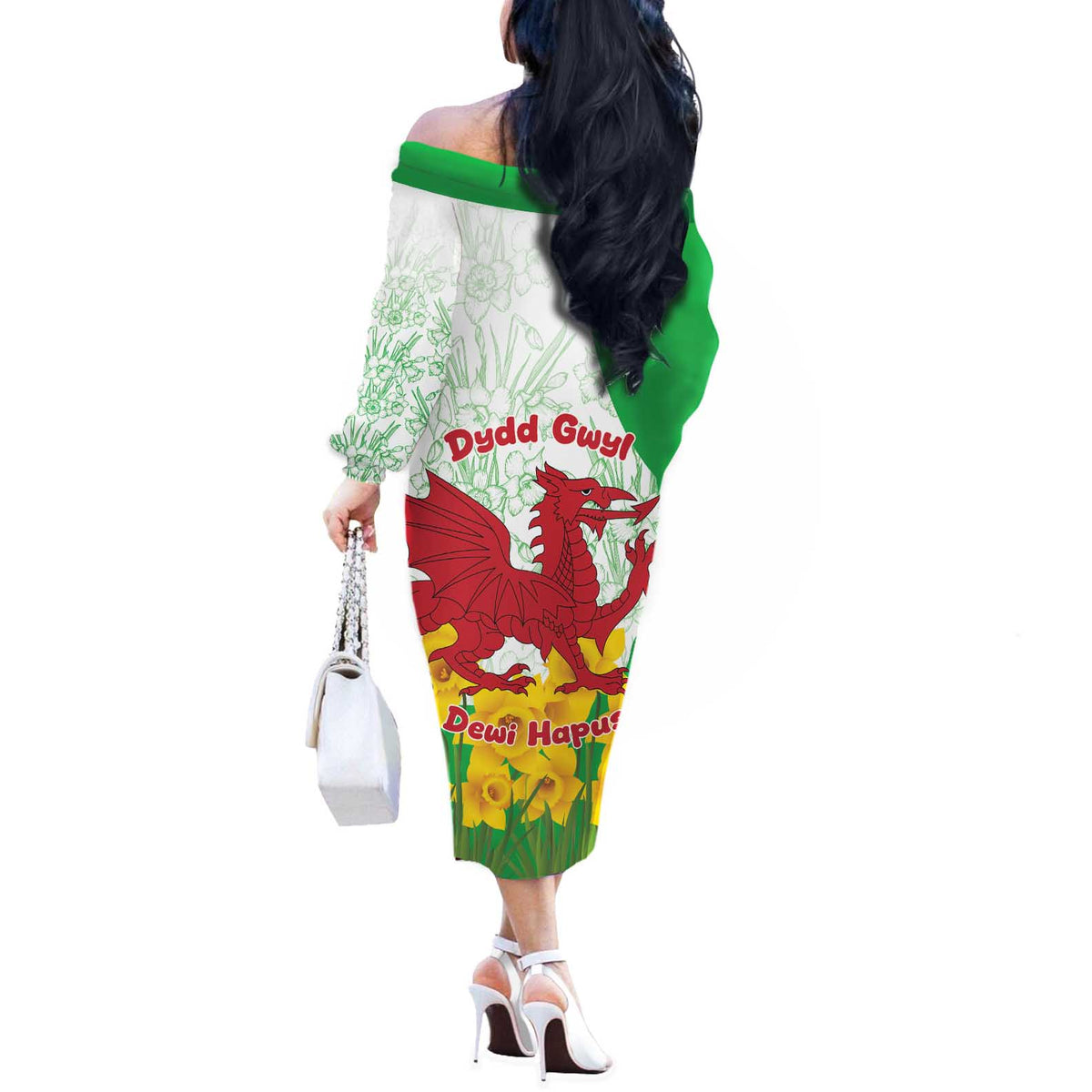 Saint David’s Day Welsh Dragon Off The Shoulder Long Sleeve Dress Dydd Gwyl Dewi Hapus - Wonder Print Shop