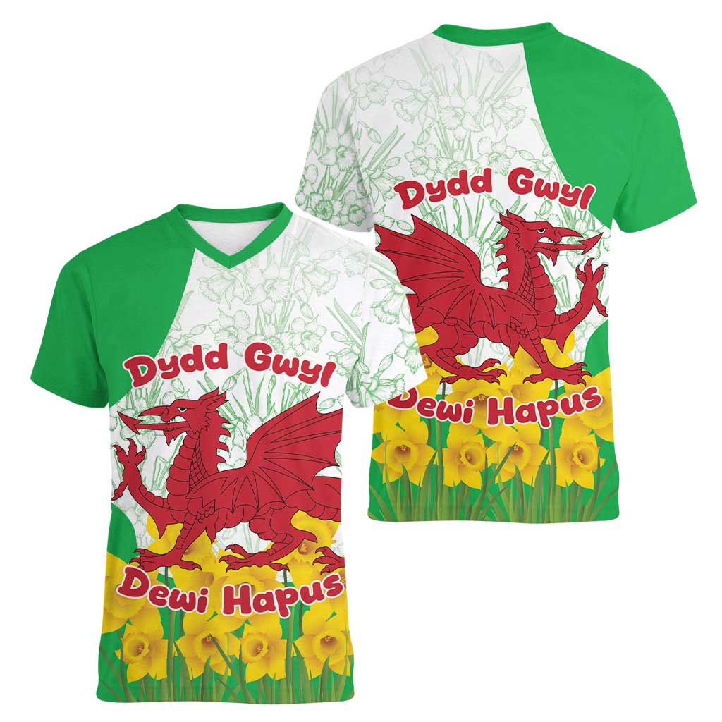 Saint David’s Day Welsh Dragon Women V-Neck T-Shirt Dydd Gwyl Dewi Hapus - Wonder Print Shop