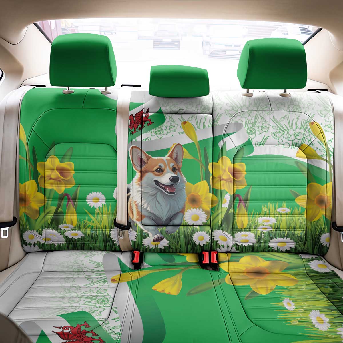 Wales Corgi Daffodil Back Car Seat Cover Playful Welsh Dog - Wonder Print Shop