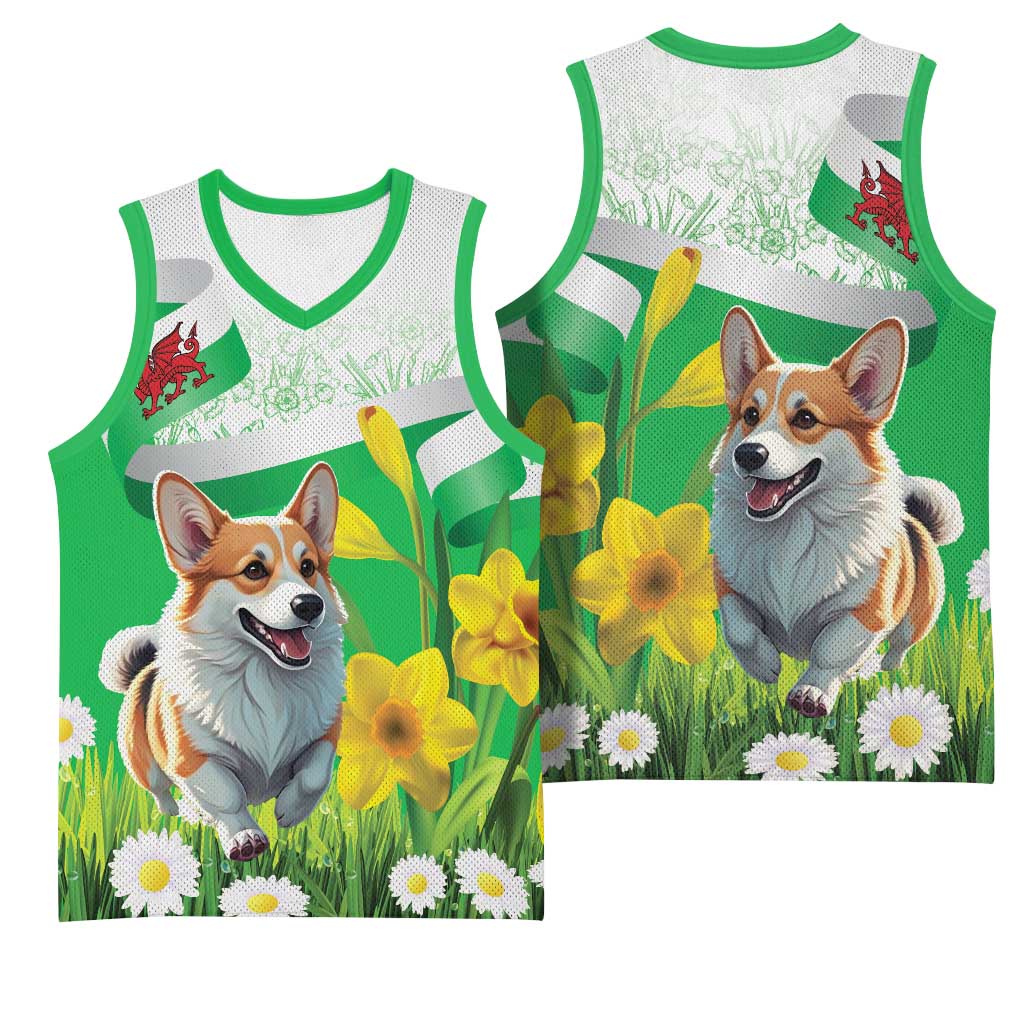 Wales Corgi Daffodil Basketball Jersey Playful Welsh Dog - Wonder Print Shop