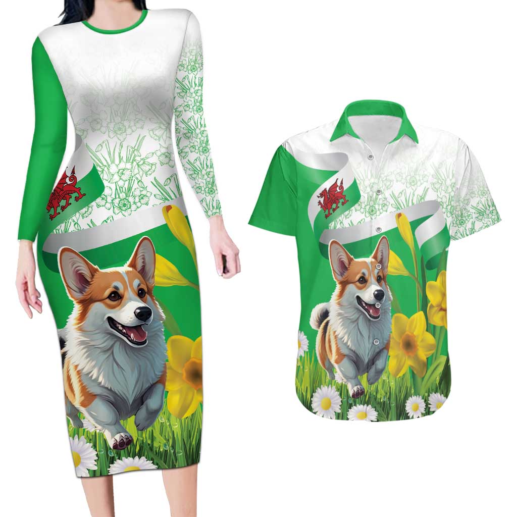 Wales Corgi Daffodil Couples Matching Long Sleeve Bodycon Dress and Hawaiian Shirt Playful Welsh Dog - Wonder Print Shop