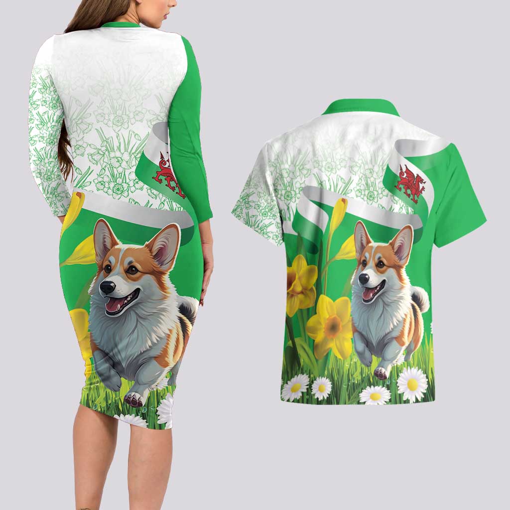 Wales Corgi Daffodil Couples Matching Long Sleeve Bodycon Dress and Hawaiian Shirt Playful Welsh Dog - Wonder Print Shop