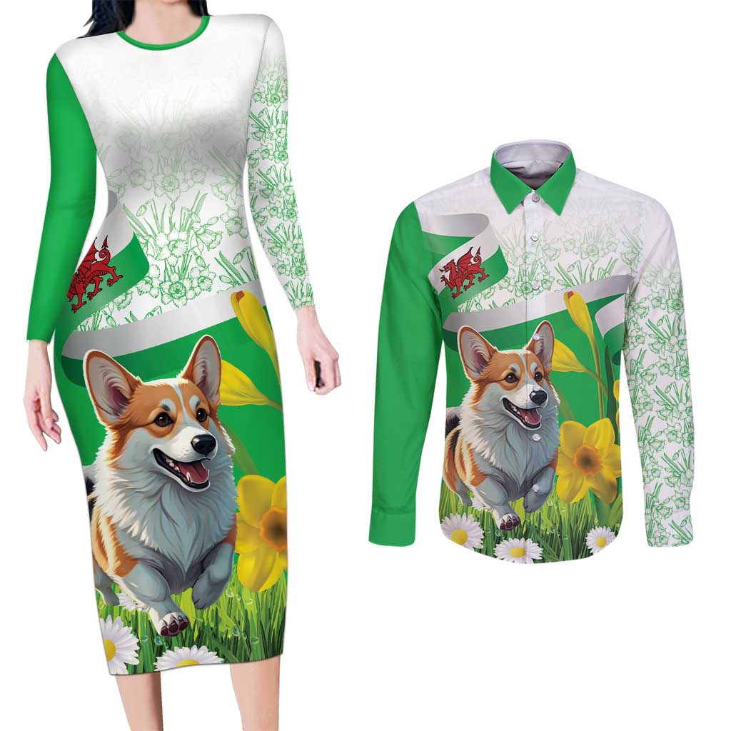 Wales Corgi Daffodil Couples Matching Long Sleeve Bodycon Dress and Long Sleeve Button Shirt Playful Welsh Dog - Wonder Print Shop
