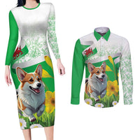 Wales Corgi Daffodil Couples Matching Long Sleeve Bodycon Dress and Long Sleeve Button Shirt Playful Welsh Dog - Wonder Print Shop