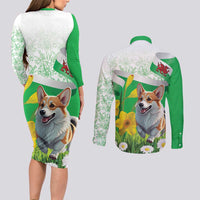 Wales Corgi Daffodil Couples Matching Long Sleeve Bodycon Dress and Long Sleeve Button Shirt Playful Welsh Dog - Wonder Print Shop