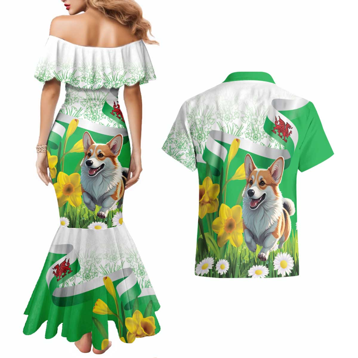 Wales Corgi Daffodil Couples Matching Mermaid Dress and Hawaiian Shirt Playful Welsh Dog - Wonder Print Shop