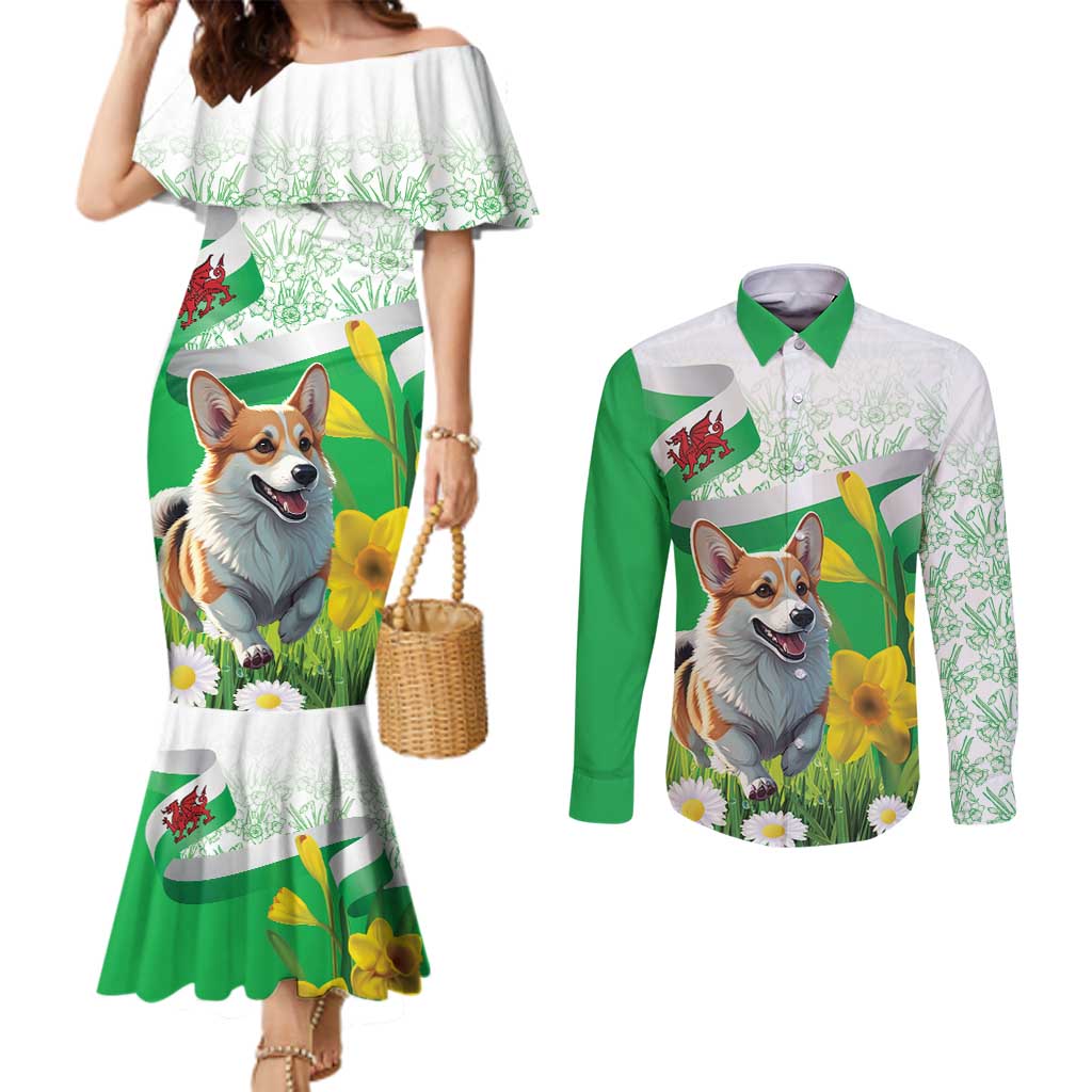 Wales Corgi Daffodil Couples Matching Mermaid Dress and Long Sleeve Button Shirt Playful Welsh Dog - Wonder Print Shop