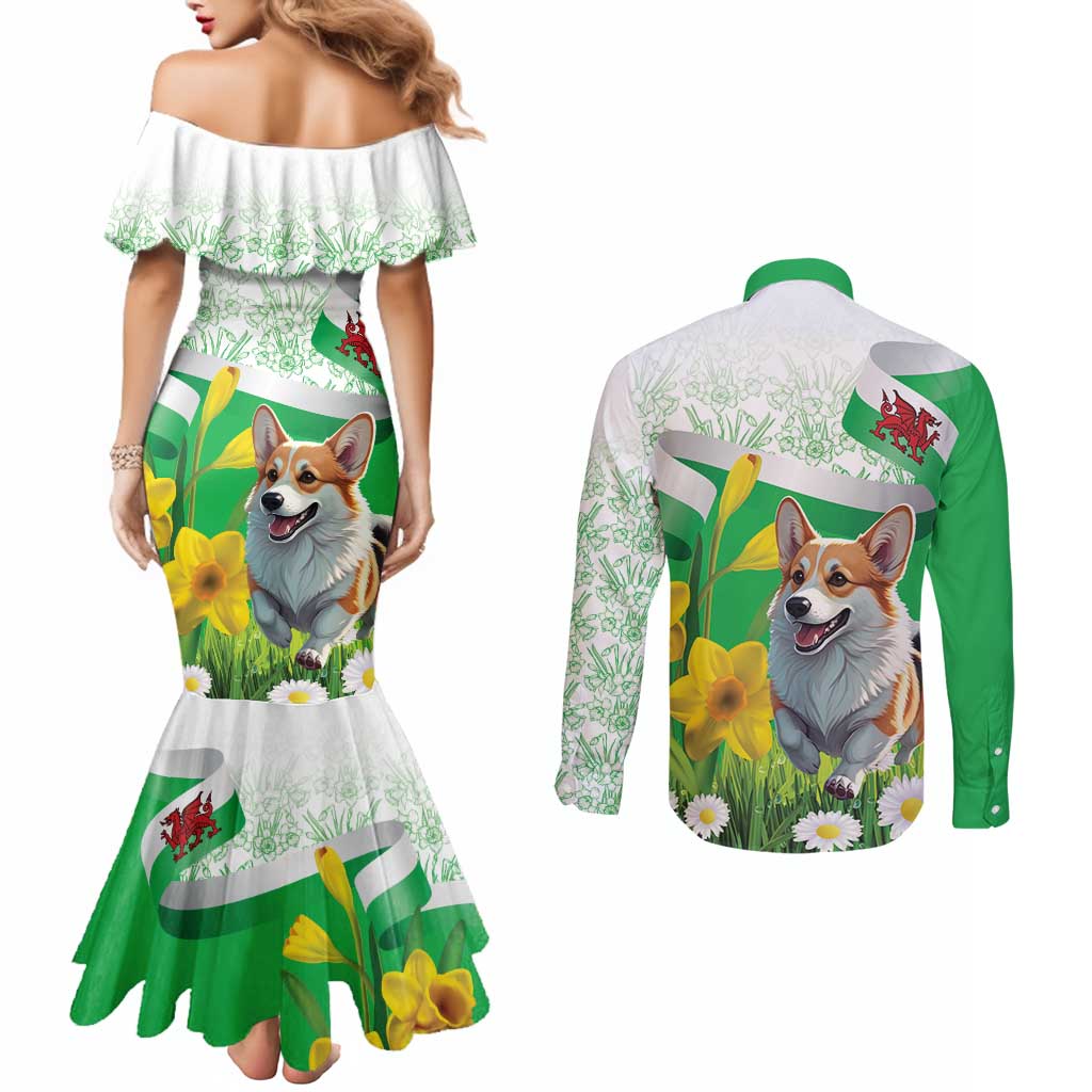 Wales Corgi Daffodil Couples Matching Mermaid Dress and Long Sleeve Button Shirt Playful Welsh Dog - Wonder Print Shop