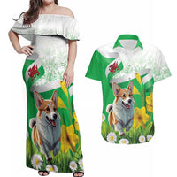 Wales Corgi Daffodil Couples Matching Off Shoulder Maxi Dress and Hawaiian Shirt Playful Welsh Dog - Wonder Print Shop
