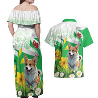 Wales Corgi Daffodil Couples Matching Off Shoulder Maxi Dress and Hawaiian Shirt Playful Welsh Dog - Wonder Print Shop