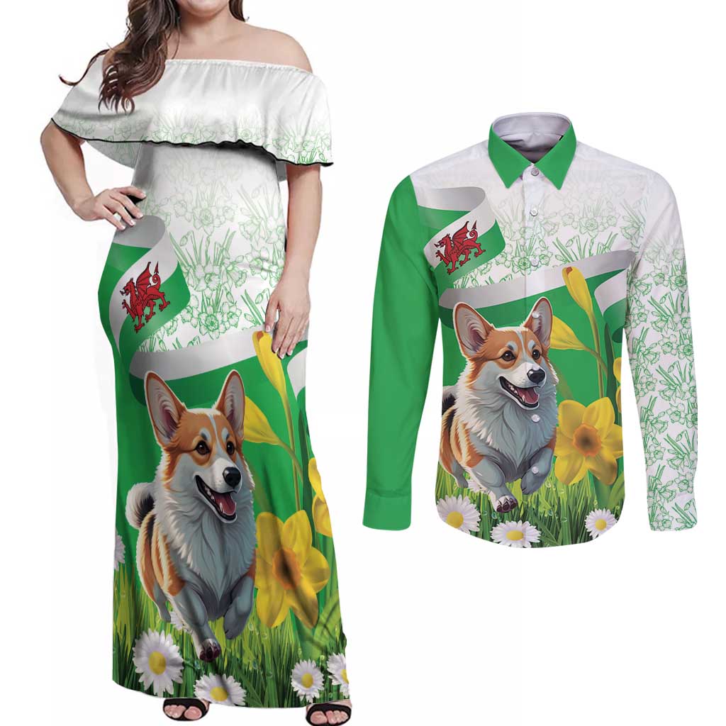 Wales Corgi Daffodil Couples Matching Off Shoulder Maxi Dress and Long Sleeve Button Shirt Playful Welsh Dog - Wonder Print Shop