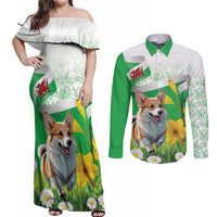 Wales Corgi Daffodil Couples Matching Off Shoulder Maxi Dress and Long Sleeve Button Shirt Playful Welsh Dog - Wonder Print Shop