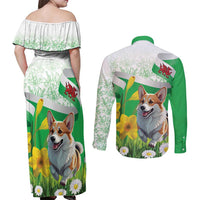 Wales Corgi Daffodil Couples Matching Off Shoulder Maxi Dress and Long Sleeve Button Shirt Playful Welsh Dog - Wonder Print Shop