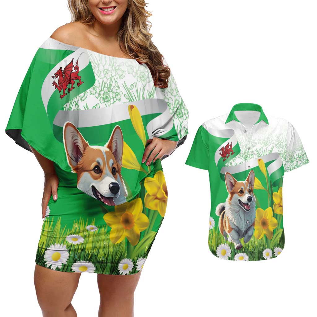 Wales Corgi Daffodil Couples Matching Off Shoulder Short Dress and Hawaiian Shirt Playful Welsh Dog - Wonder Print Shop