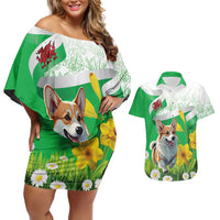Wales Corgi Daffodil Couples Matching Off Shoulder Short Dress and Hawaiian Shirt Playful Welsh Dog - Wonder Print Shop