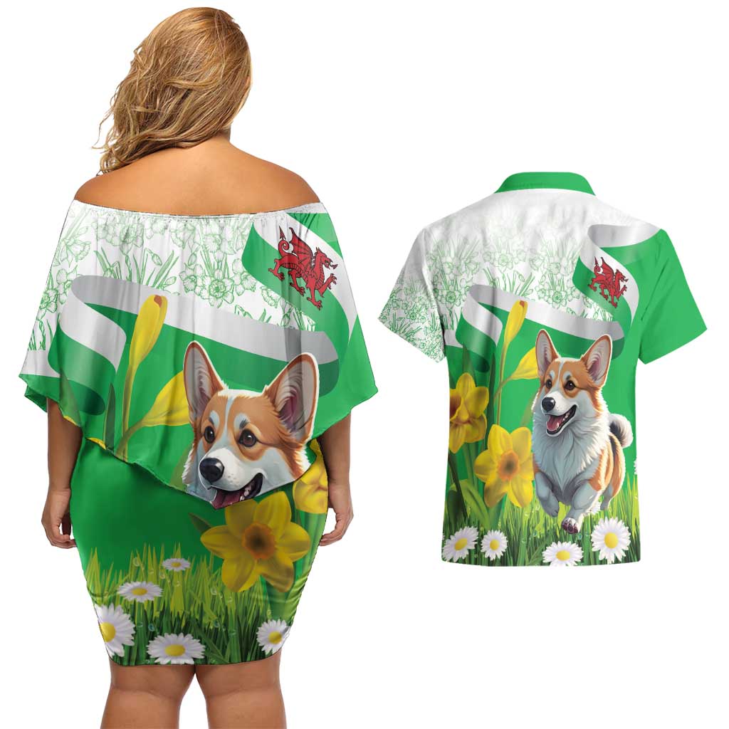 Wales Corgi Daffodil Couples Matching Off Shoulder Short Dress and Hawaiian Shirt Playful Welsh Dog - Wonder Print Shop