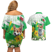Wales Corgi Daffodil Couples Matching Off Shoulder Short Dress and Hawaiian Shirt Playful Welsh Dog - Wonder Print Shop