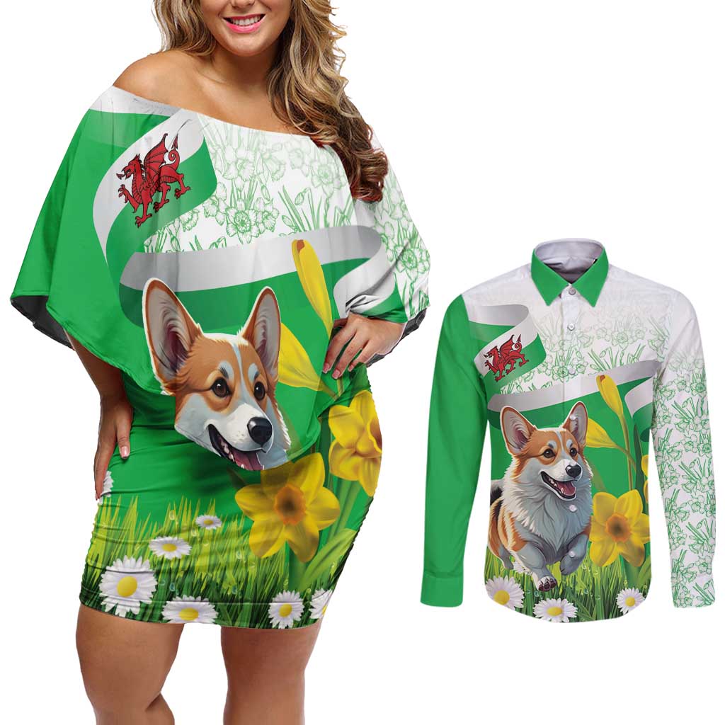 Wales Corgi Daffodil Couples Matching Off Shoulder Short Dress and Long Sleeve Button Shirt Playful Welsh Dog - Wonder Print Shop