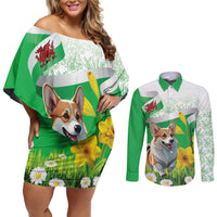 Wales Corgi Daffodil Couples Matching Off Shoulder Short Dress and Long Sleeve Button Shirt Playful Welsh Dog - Wonder Print Shop