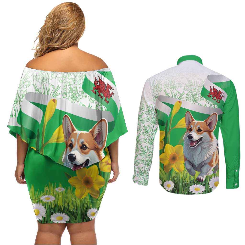 Wales Corgi Daffodil Couples Matching Off Shoulder Short Dress and Long Sleeve Button Shirt Playful Welsh Dog - Wonder Print Shop