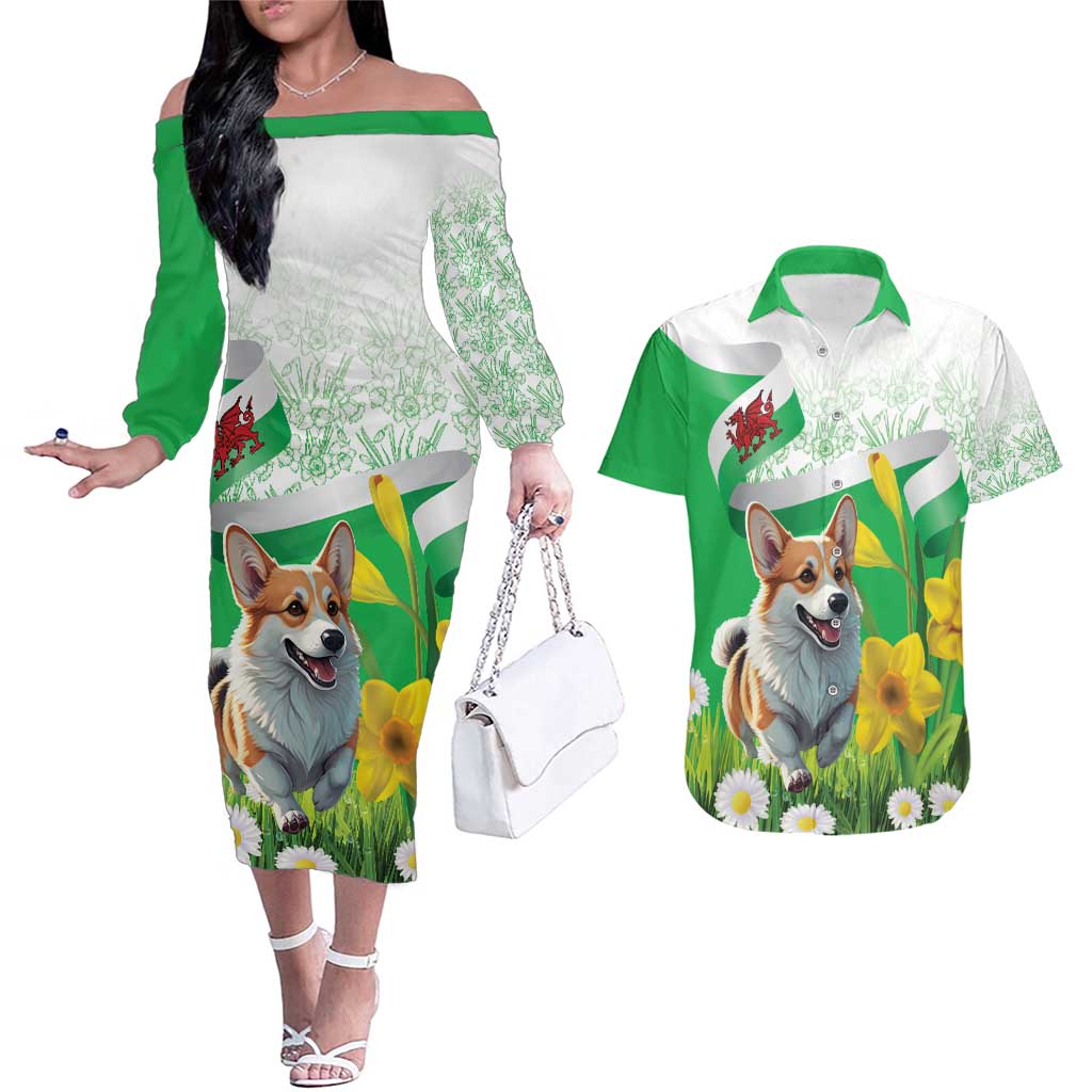 Wales Corgi Daffodil Couples Matching Off The Shoulder Long Sleeve Dress and Hawaiian Shirt Playful Welsh Dog - Wonder Print Shop