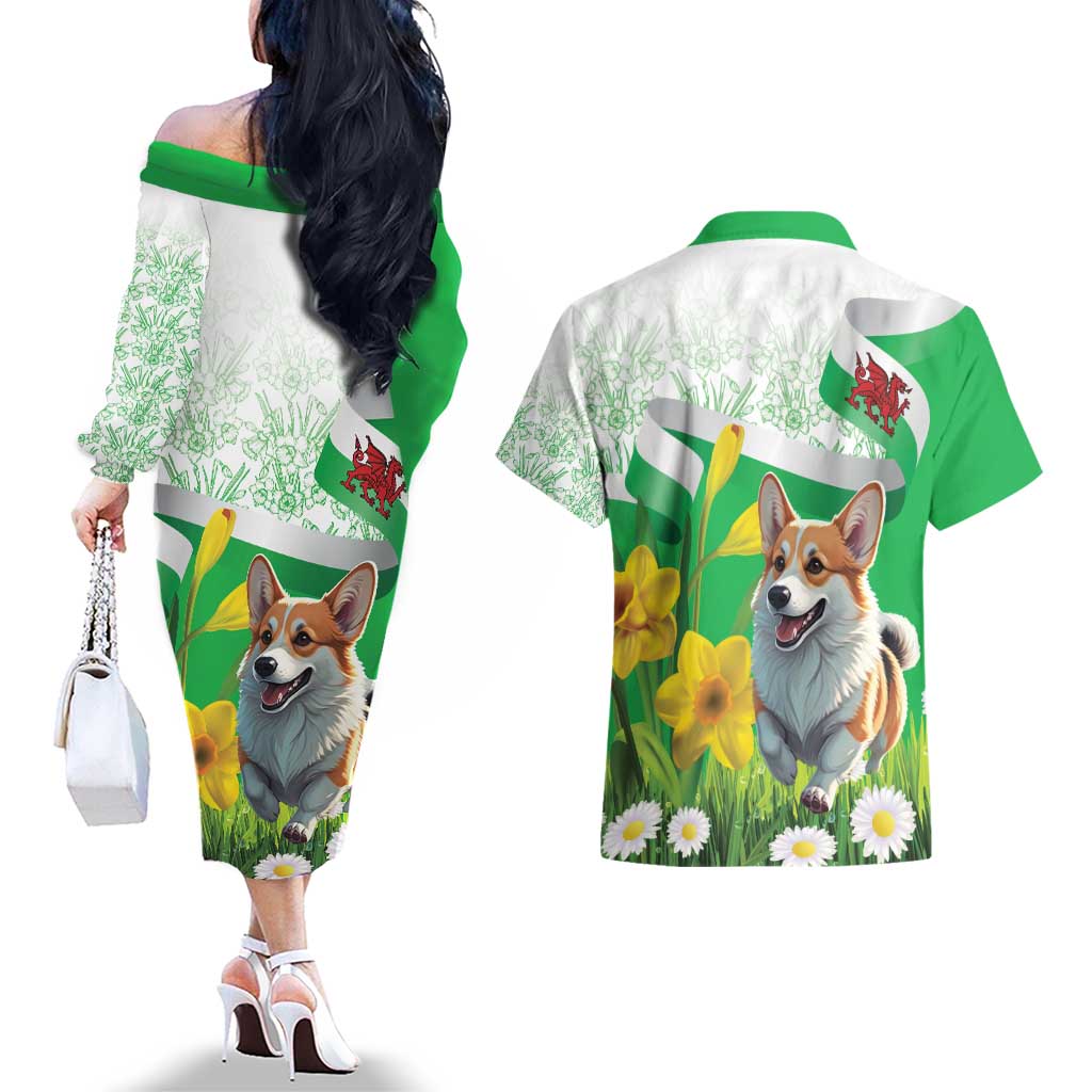 Wales Corgi Daffodil Couples Matching Off The Shoulder Long Sleeve Dress and Hawaiian Shirt Playful Welsh Dog - Wonder Print Shop
