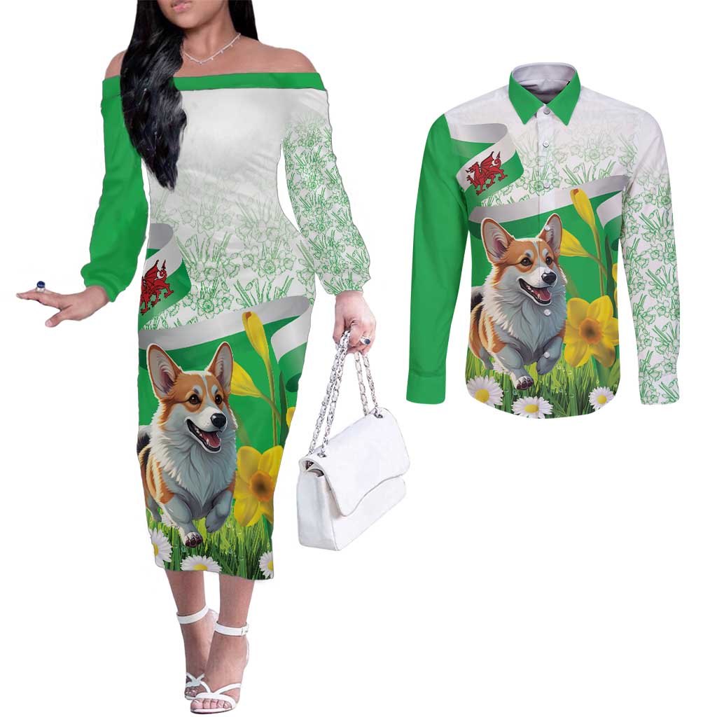 Wales Corgi Daffodil Couples Matching Off The Shoulder Long Sleeve Dress and Long Sleeve Button Shirt Playful Welsh Dog - Wonder Print Shop