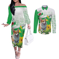 Wales Corgi Daffodil Couples Matching Off The Shoulder Long Sleeve Dress and Long Sleeve Button Shirt Playful Welsh Dog - Wonder Print Shop