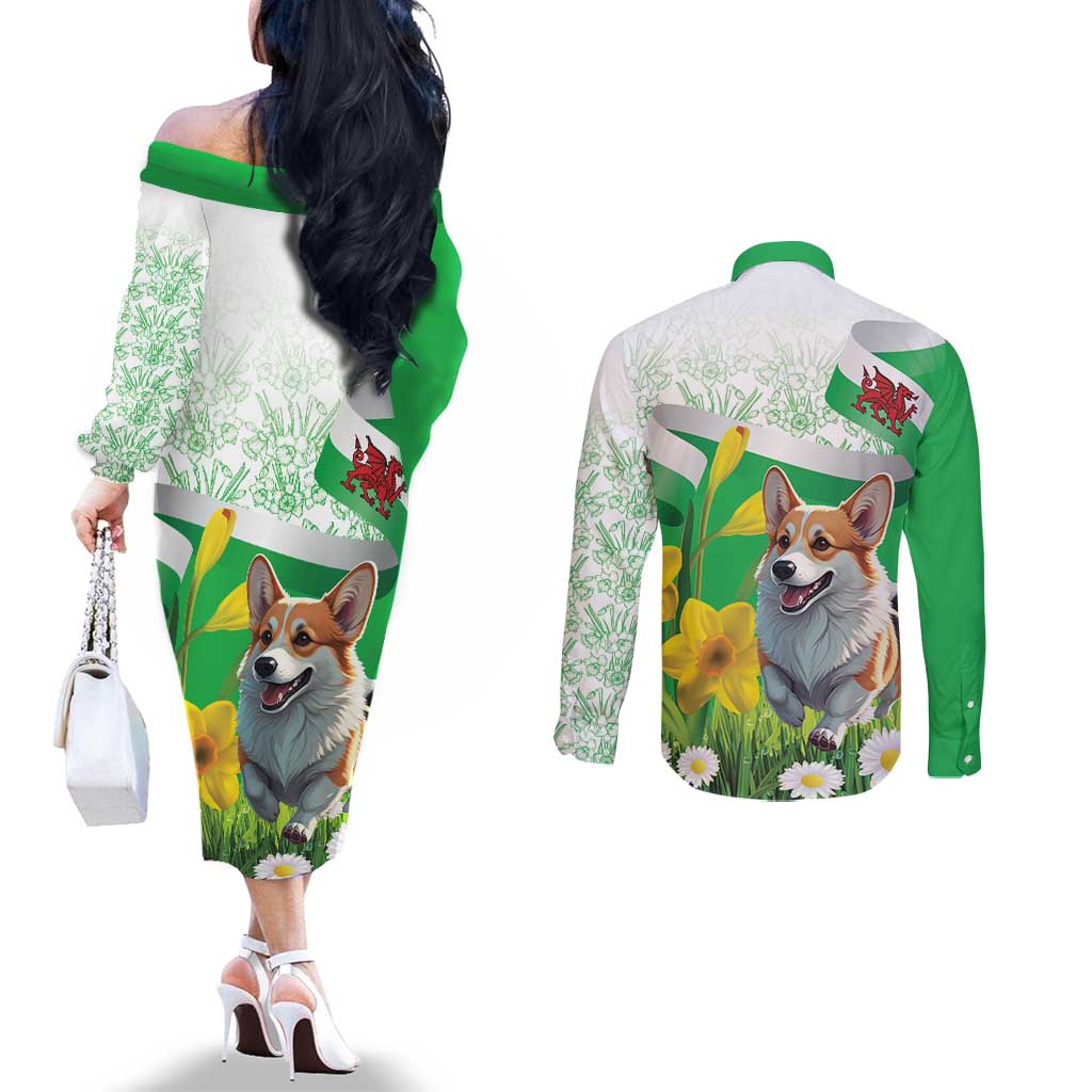 Wales Corgi Daffodil Couples Matching Off The Shoulder Long Sleeve Dress and Long Sleeve Button Shirt Playful Welsh Dog - Wonder Print Shop