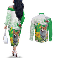 Wales Corgi Daffodil Couples Matching Off The Shoulder Long Sleeve Dress and Long Sleeve Button Shirt Playful Welsh Dog - Wonder Print Shop