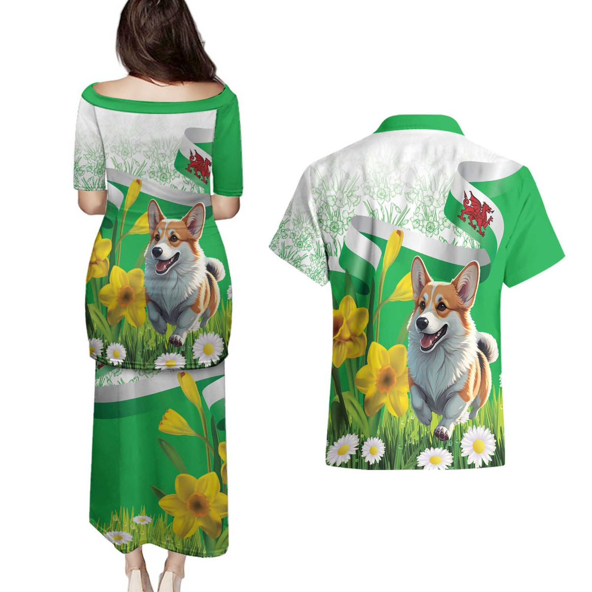 Wales Corgi Daffodil Couples Matching Puletasi and Hawaiian Shirt Playful Welsh Dog - Wonder Print Shop