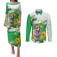 Wales Corgi Daffodil Couples Matching Puletasi and Long Sleeve Button Shirt Playful Welsh Dog - Wonder Print Shop