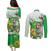 Wales Corgi Daffodil Couples Matching Puletasi and Long Sleeve Button Shirt Playful Welsh Dog - Wonder Print Shop