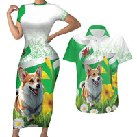 Wales Corgi Daffodil Couples Matching Short Sleeve Bodycon Dress and Hawaiian Shirt Playful Welsh Dog - Wonder Print Shop