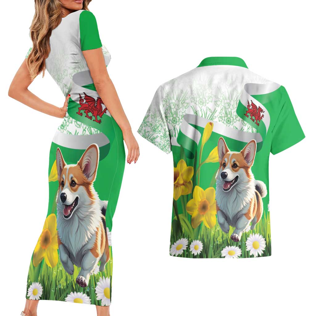 Wales Corgi Daffodil Couples Matching Short Sleeve Bodycon Dress and Hawaiian Shirt Playful Welsh Dog - Wonder Print Shop