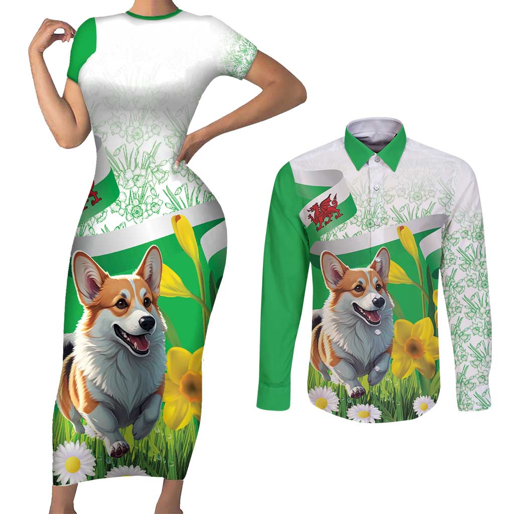 Wales Corgi Daffodil Couples Matching Short Sleeve Bodycon Dress and Long Sleeve Button Shirt Playful Welsh Dog - Wonder Print Shop
