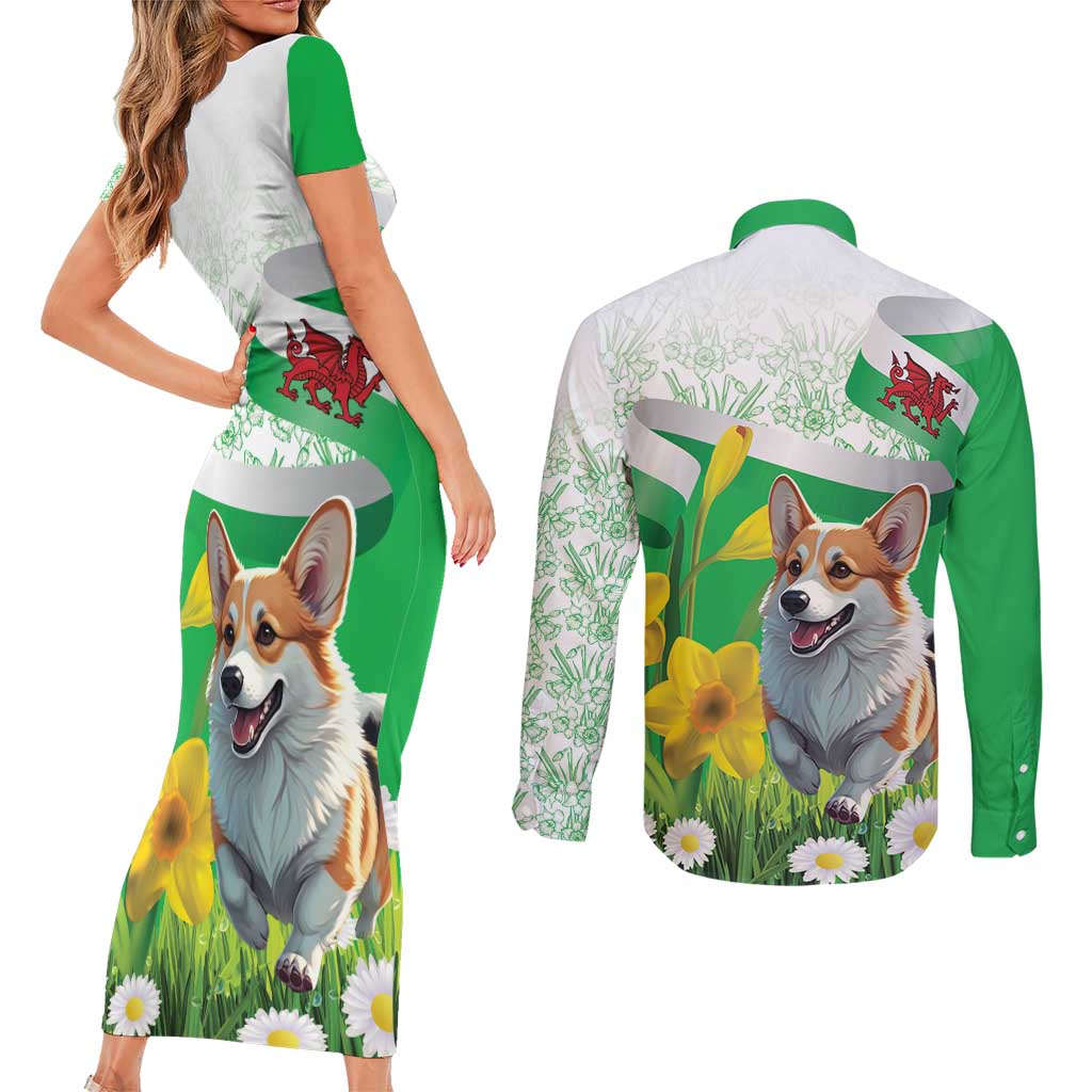 Wales Corgi Daffodil Couples Matching Short Sleeve Bodycon Dress and Long Sleeve Button Shirt Playful Welsh Dog - Wonder Print Shop