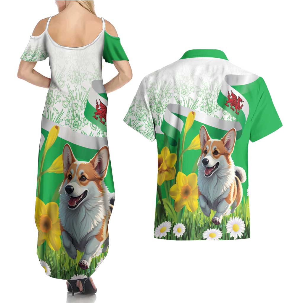Wales Corgi Daffodil Couples Matching Summer Maxi Dress and Hawaiian Shirt Playful Welsh Dog - Wonder Print Shop