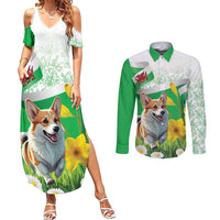 Wales Corgi Daffodil Couples Matching Summer Maxi Dress and Long Sleeve Button Shirt Playful Welsh Dog - Wonder Print Shop