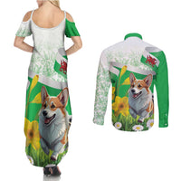 Wales Corgi Daffodil Couples Matching Summer Maxi Dress and Long Sleeve Button Shirt Playful Welsh Dog - Wonder Print Shop